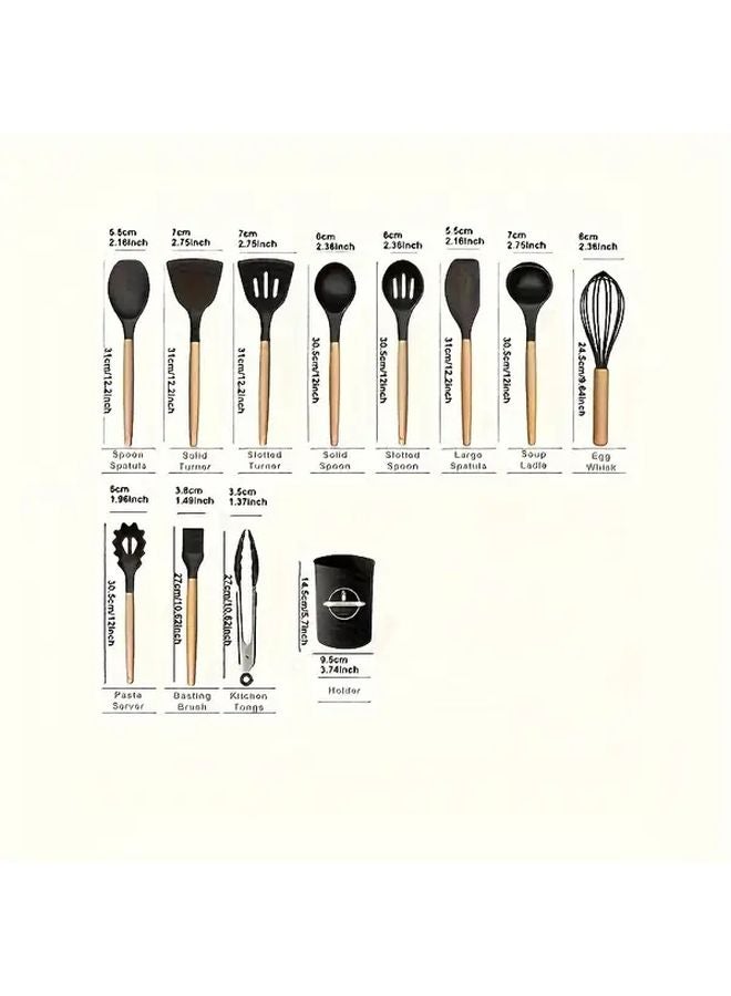12Pcs Black Silicone Kitchen Utensil Set With Storage Bucket Wooden Cooking Tools - Image 3